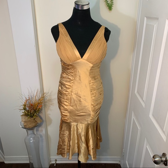 Dina Barel Soft Gold Tone Silk Flattering Dress - Picture 15 of 16